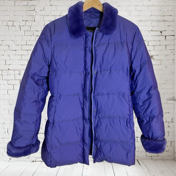 Jones New York Down Puffer Coat Jacket Sz M Womens Lavender Gray Faux Fur Collar - Picture 2 of 10